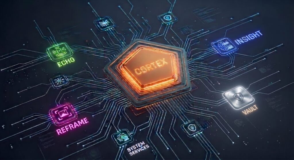 Abstract digital network on a dark background with a central glowing tango orange hexagonal core displaying the word CORTEX. Connected circuit lines link to surrounding nodes labelled ECHO, REFRAME, INSIGHT, VAULT, and SYSTEM SERVICES, representing the unified SAP security and licence optimisation suite by Tango Technologies.