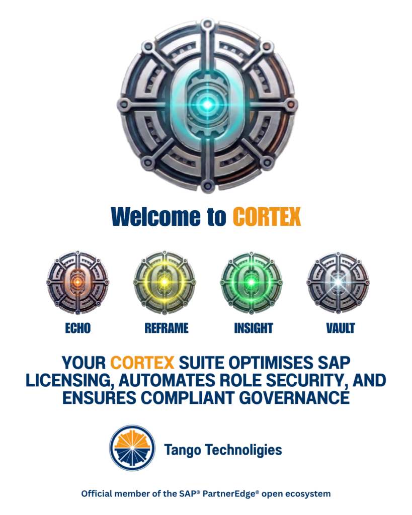 CORTEX Suite overview graphic by Tango Technologies featuring ECHO, REFRAME, INSIGHT, and VAULT modules for SAP licence optimisation, automated role security, and compliant governance.