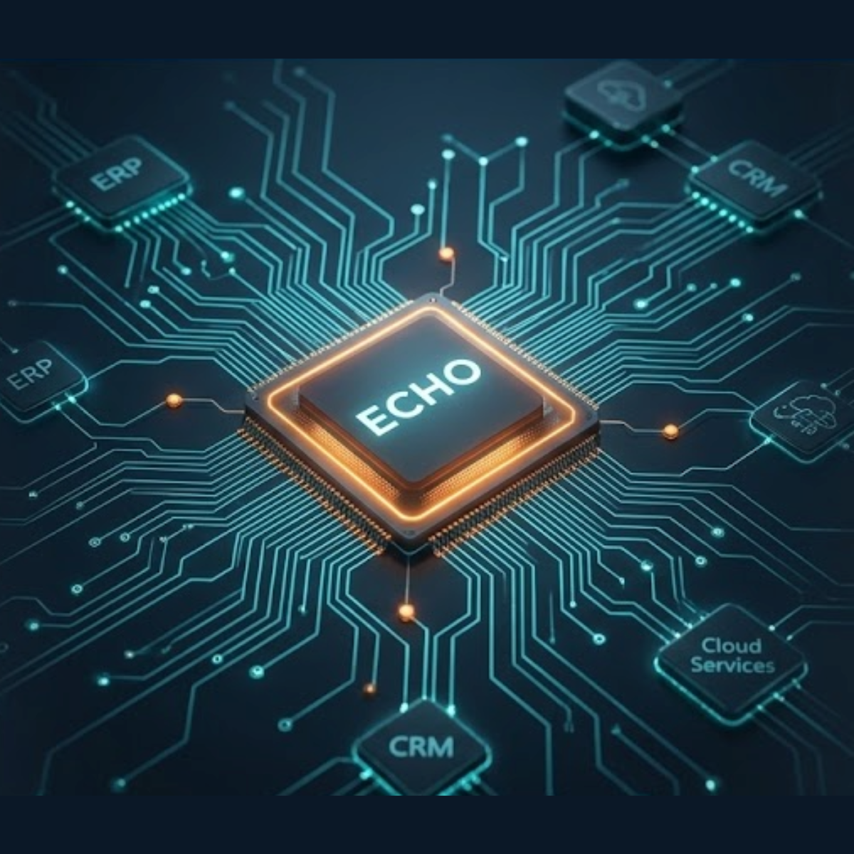 Abstract digital network with glowing tech teal circuit lines on a dark midnight slate background, featuring a central tango orange glowing core subtly displaying the word ECHO. Represents the SAP licence optimisation module of the CORTEX Suite by Tango Technologies.