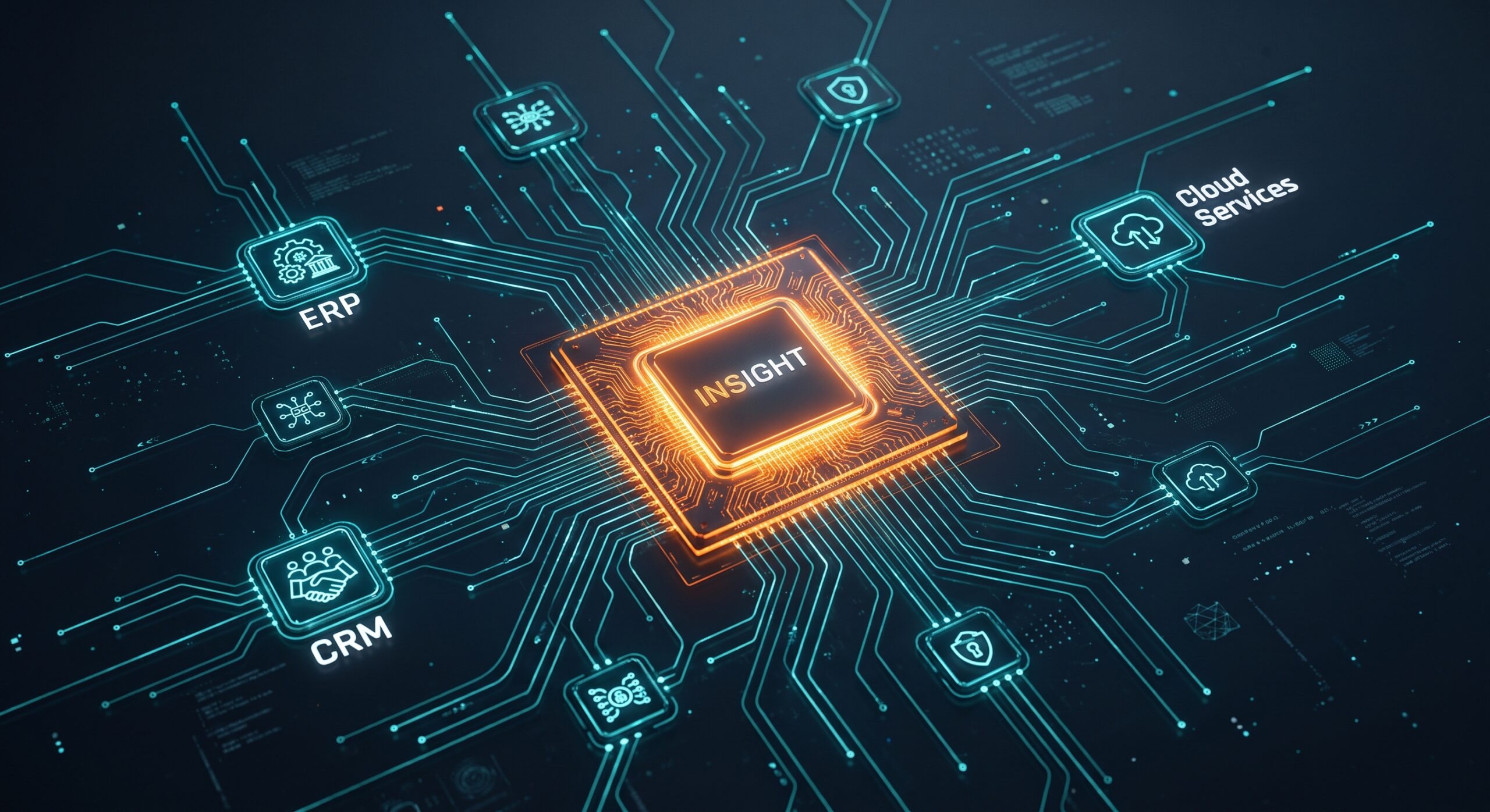 Abstract digital network with glowing tech teal circuit lines on a dark midnight slate background, featuring a central tango orange glowing core displaying the word INSIGHT. Connects to ERP, CRM, Cloud Services, and security shield nodes, representing the Visual GRC and risk mitigation module of the CORTEX Suite by Tango Technologies.