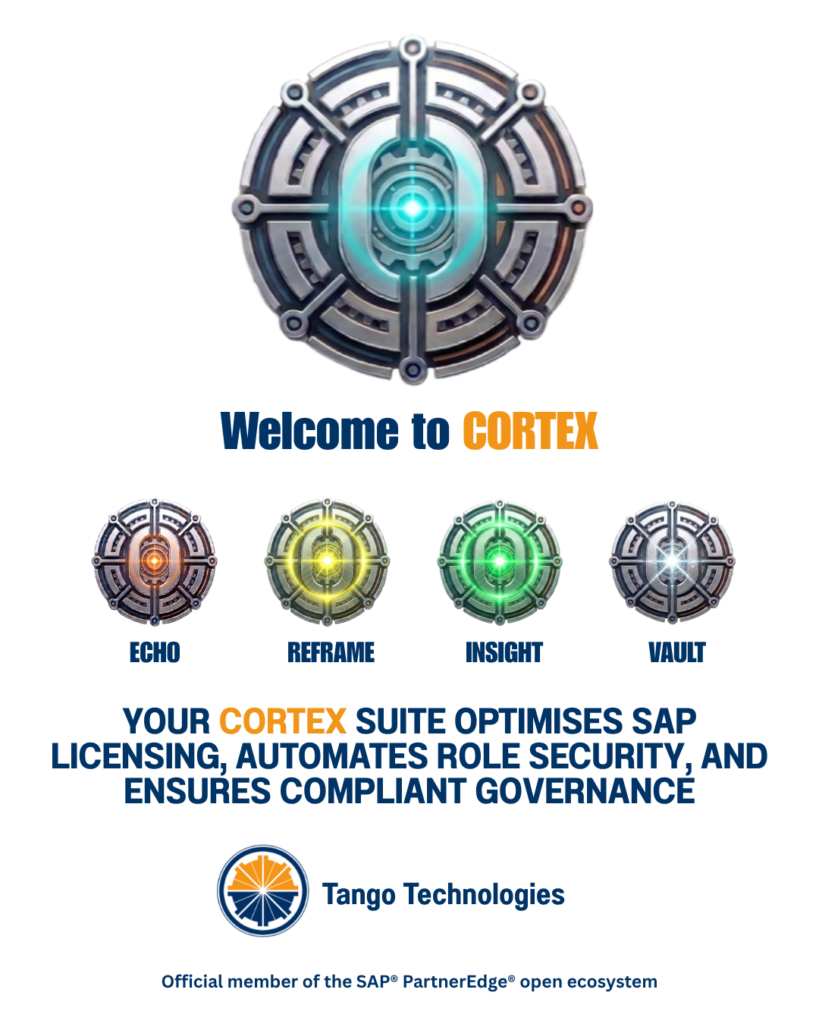 CORTEX Suite overview graphic by Tango Technologies featuring ECHO, REFRAME, INSIGHT, and VAULT modules for SAP licence optimisation, automated role security, and compliant governance.