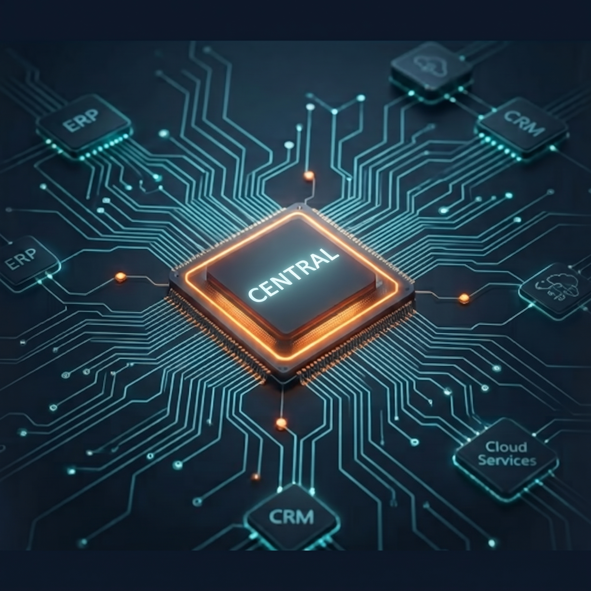 Futuristic circuit board graphic showing the central CORTEX CENTRAL microchip processor linking connected ERP, CRM, and cloud services for unified SAP landscape governance.
