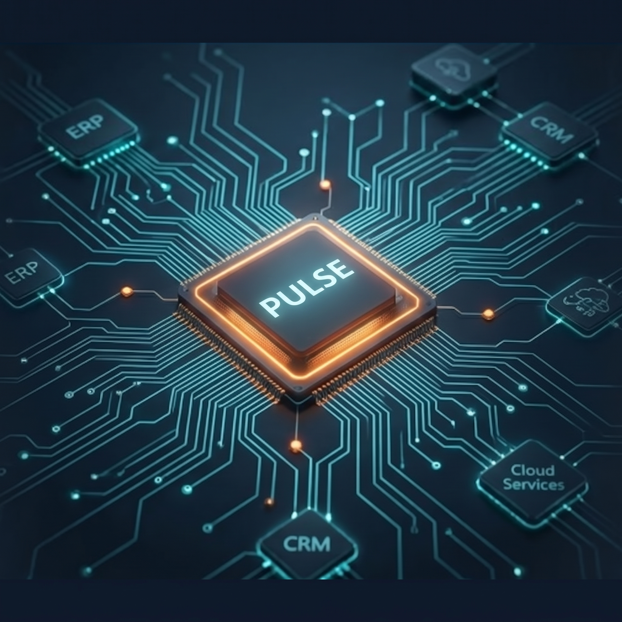 Illuminated microchip labeled PULSE connecting ERP, CRM, and cloud systems to monitor SAP identity lifecycle provisioning, emergency firefighter access, and live system health.