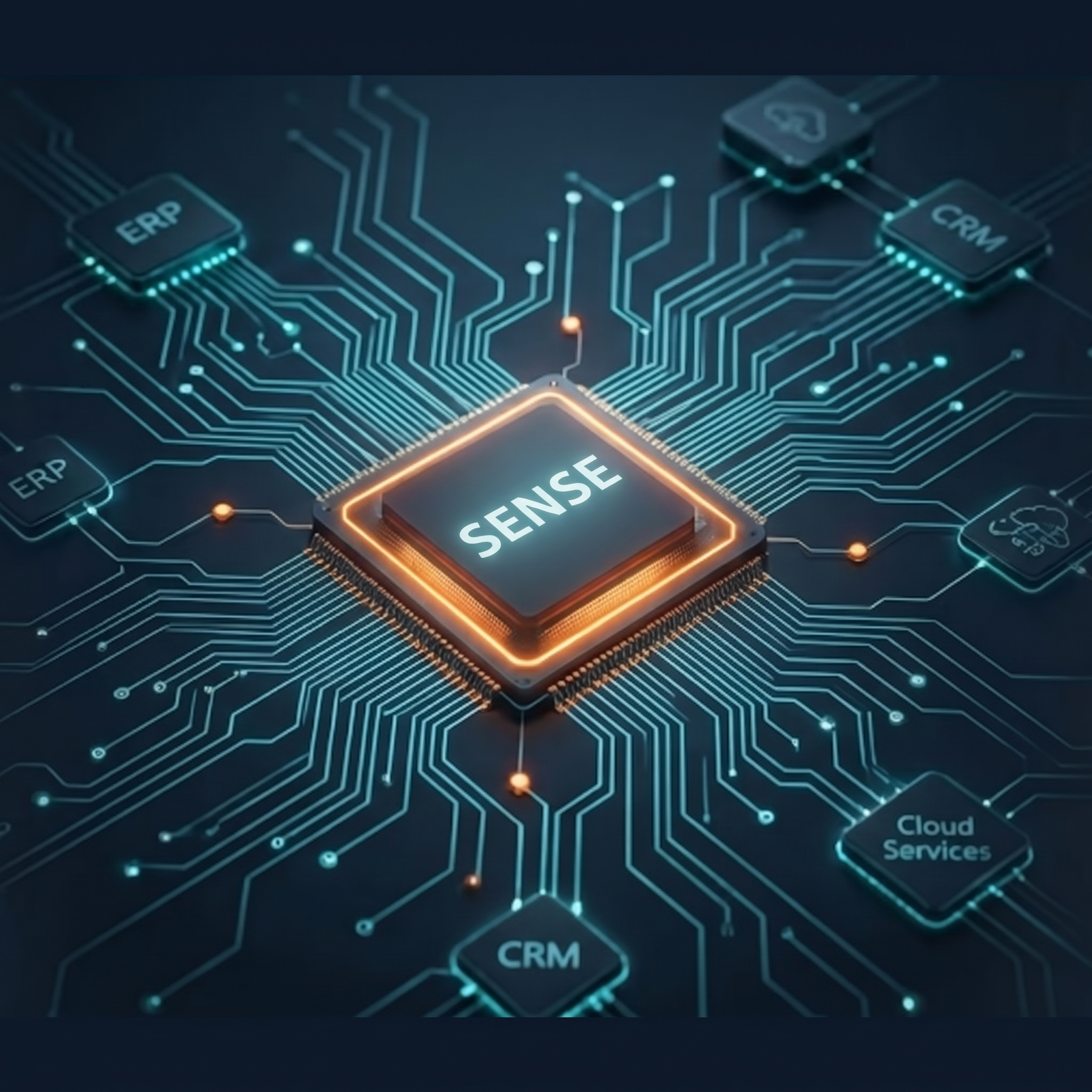 Microchip processor labeled SENSE on a dark circuit board connecting ERP, CRM, and cloud nodes for decoupled SAP security threat detection and audit log analysis.
