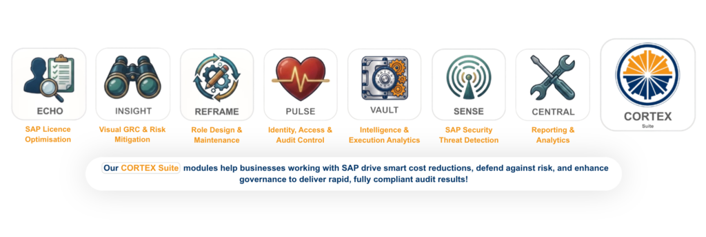 Overview infographic of the Tango CORTEX Suite modules for SAP including ECHO licence optimisation, INSIGHT visual GRC, REFRAME position-based role design, PULSE audit control, VAULT execution analytics, SENSE threat detection, and CENTRAL reporting.